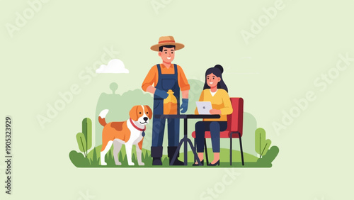 Friendly farmer and woman with dog in a garden setting