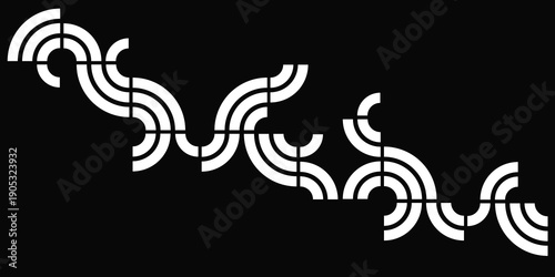 Poster, pattern, ornament, composition of quarters of circles. Three bold white stripes create a dynamic geometric retro design on a black background. Abstract monochrome linework going down.