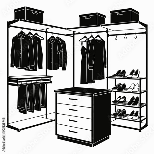 Illustration of a person organizing clothes on a storage rack system with shelves and drawers in a modern closet