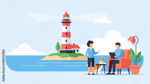 Lighthouse, people, dog, and laptop by the sea with clouds