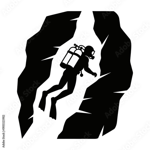 Scuba Diver Exploring Underwater Cave Silhouette Vector Illustration