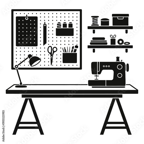Sewing workspace with pegboard, sewing machine, and various sewing tools on a desk, vector illustration.