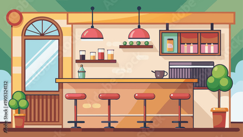Minimal cartoon vector of a cafe counter area, single bar, two stools, no decorations, clean lines, flat simple design