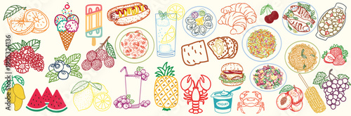 Hand drawn Italian summer food vector collection with fruits, desserts, fast food, seafood and drinks. Colorful doodle style illustration for menu, poster, banner, packaging, branding and food design.
