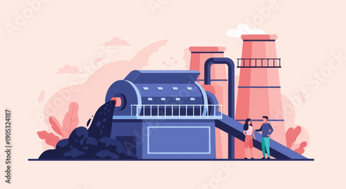 Industrial plant with workers, emitting dark material