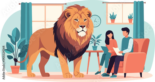 Lion watches people work in a room with plants and furniture