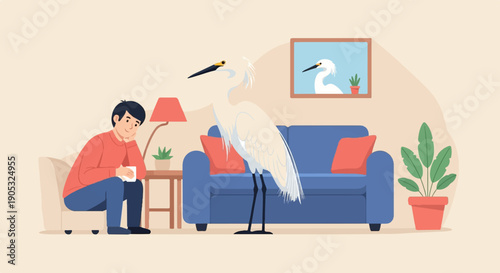 Man relaxing at home with a large egret standing next to couch