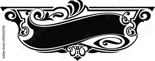 Photos Decorative vintage ribbon banner with ornate floral scrollwork and filigree frame for luxury label design