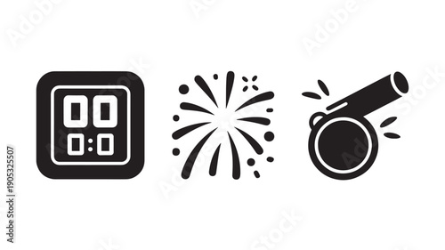 Vector Illustration Of Countdown Timer, Fireworks Explosion, And Starting Gun For Racing And Competition Concept