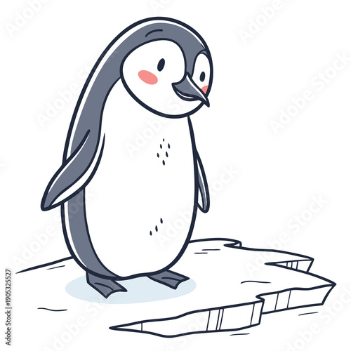 A cute cartoon penguin standing on ice looking happy and playful in a fun scene
