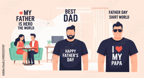 Flat design celebrating fathers with heroic text and shirts