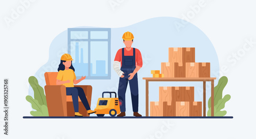 Injured worker in safety gear discusses situation with colleague near stacked boxes