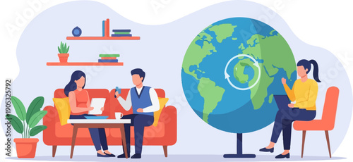 Office colleagues discussing global operations near a large planet model