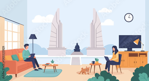 Living room with large windows, a sofa, two people working on laptops, a dog, and a TV