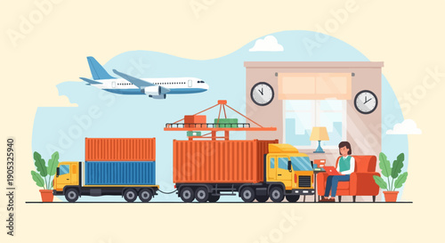 Logistics of shipping containers by truck, plane, and crane