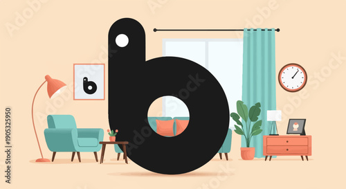 Interior living room scene with a large black letter "b" in the foreground