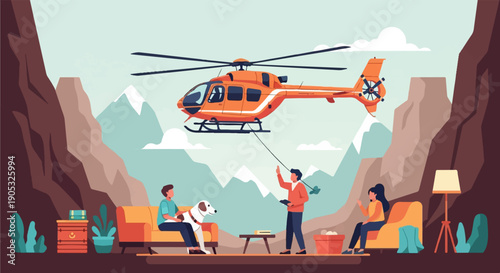 Helicopter rescue operation in a scenic mountain landscape with people and animals