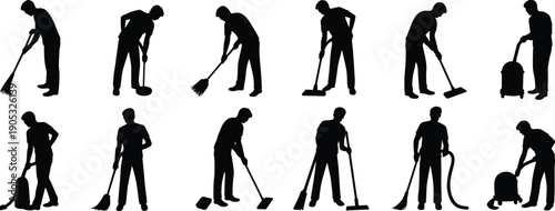 Cleaning worker silhouette set janitor housekeeping people cleaning equipment vacuum broom mop sanitation service illustration isolated on white background