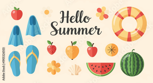 Hello Summer greeting with fruits, beach items, and flowers