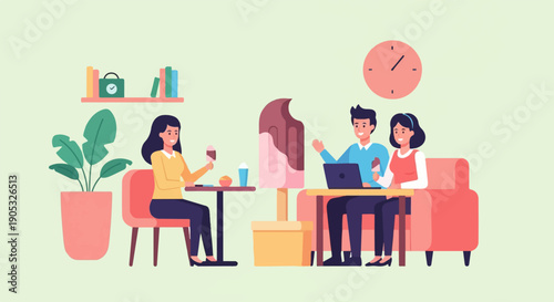 Friends enjoy ice cream and work on laptops in a modern cafe