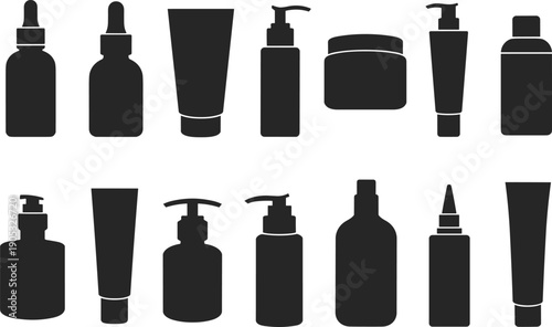 Cosmetic bottle silhouette collection with skincare containers pump dispenser tubes isolated on white background beauty product packaging illustration design set