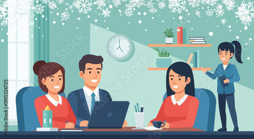 Office meeting with snowflakes falling outside the window