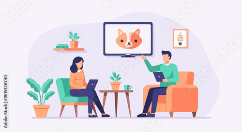Modern illustration of people working and relaxing in a cozy living room setting