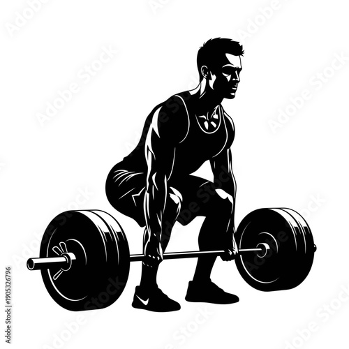 Weightlifter lifting heavy barbell in black and white illustration