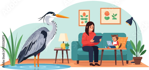 Heron stands in water near a woman and child using devices indoors