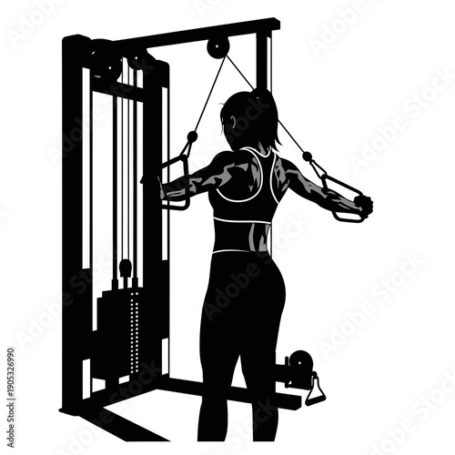 Strong woman silhouette engaging in a cable machine workout, depicting fitness and muscle development