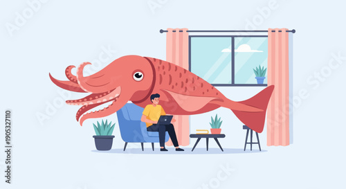 Man sits on armchair using laptop as giant squid hovers in room