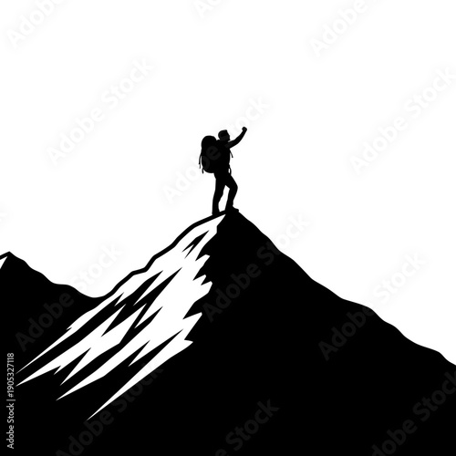 Silhouette of a triumphant hiker celebrating success atop a snowy mountain peak