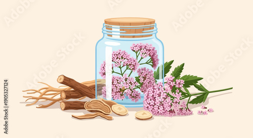 Herbal remedy ingredients roots, slices, and pink flowers in a glass jar