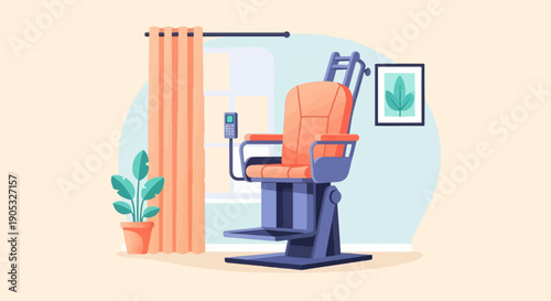 Interior scene with barber chair, curtains, potted plant, and framed art