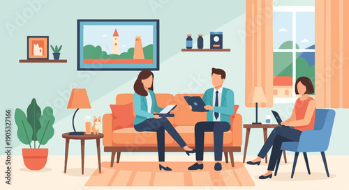 Flat design interior with people meeting, a dog, and plants