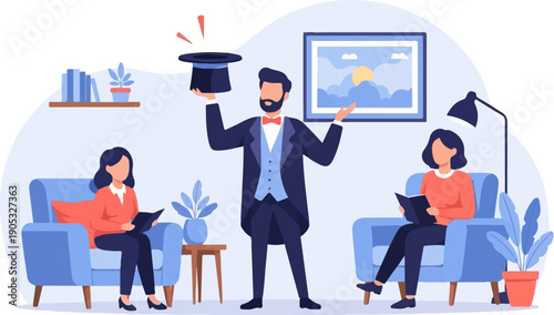 Magician entertaining two women reading in a living room