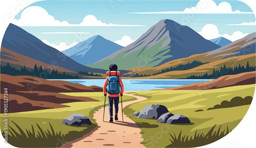 Hiker with backpack walks a path toward a lake and mountains