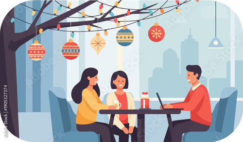 Friends enjoying holiday season drinks at a cafe
