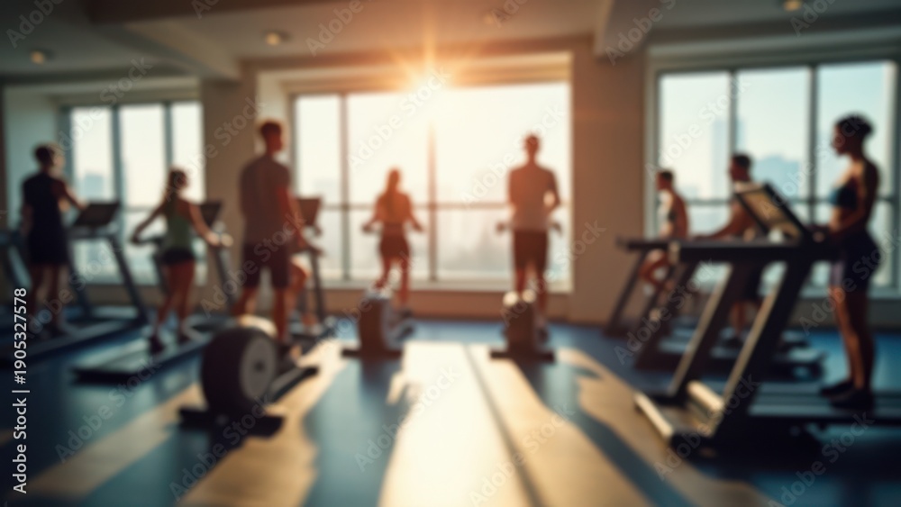Fototapeta premium blurred busy gym interior with people exercising on cardio machines and weights sunlight streaming through large windows energetic fitness environment 