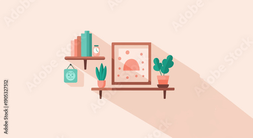 Minimalist interior with plants, books, and art on shelves