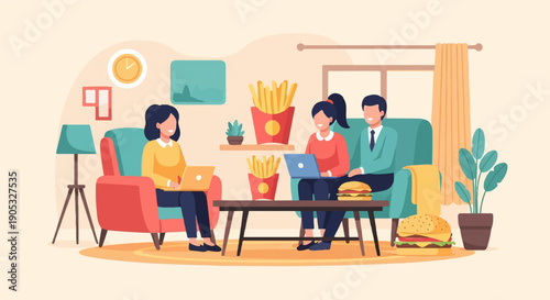 Friends gather in a cozy living room with laptops and snacks