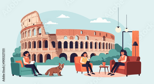 Modern life with historical backdrop people relax and work at home