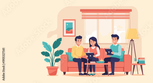 Friends gather on a couch, engaged with tablets in a cozy living room