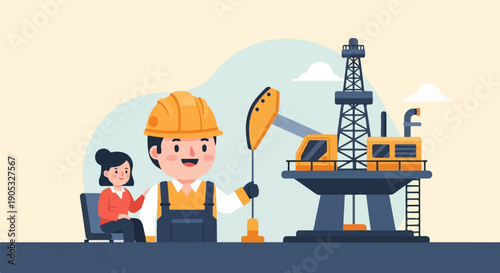 Oil rig worker and woman in cartoon style with industry background