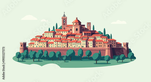 Hillside town with ancient walls, domed church, and cypress trees