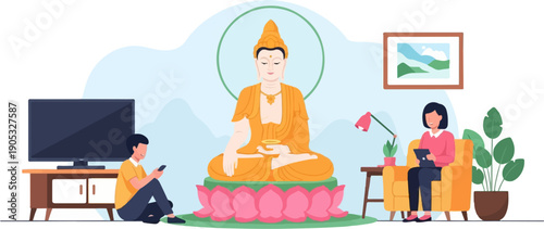 Interior scene with people, a large Buddha statue, TV, and plants