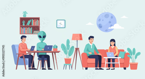 People and alien collaborate on laptops with home decor and moon outside