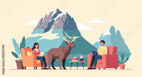 People and deer in armchairs with mountains and plants background