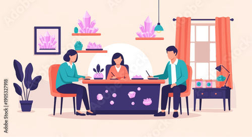 Interior scene with three people in a modern office setting, featuring crystals