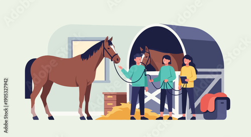 Horse and people in stable area, cartoon style